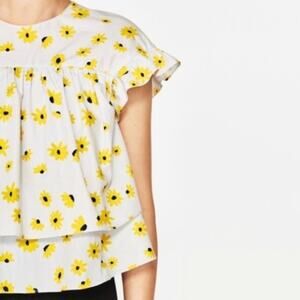 Zara Yellow Floral Print Tiered Ruffle Blouse